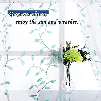MRTREES Sheer Christmas Curtain Valance, 2 Panels Leaves Embroidered Small Valances Curtains 54x16 Inches, Rod Pocket Short Window Treatment Toppers for Living Room Bedroom Kitchen(Aqua Blue Leaves) - color: Leaves-aqua Blue