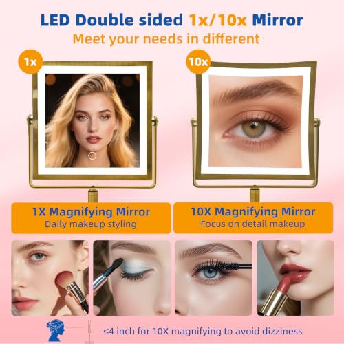 Ruacq Makeup Mirror with Lights 1X/10X Height Adjustable Antique Gold - color: Antique Brass - 10x