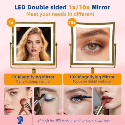 Ruacq Makeup Mirror with Lights 1X/10X Height Adjustable Antique Gold - color: Antique Brass - 10x