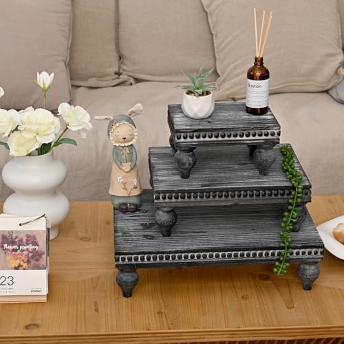 Swallowliving 3 Pcs Set Farmhouse Wood Risers for Display Decorative, Rustic Shabby Chic Tiered Tray for Kitchen Counter, Coffee Bar Table, Dining Room, Wooden Rectangle Beaded Pedestal Stand for Food, Black - color: Set of 3 - Black