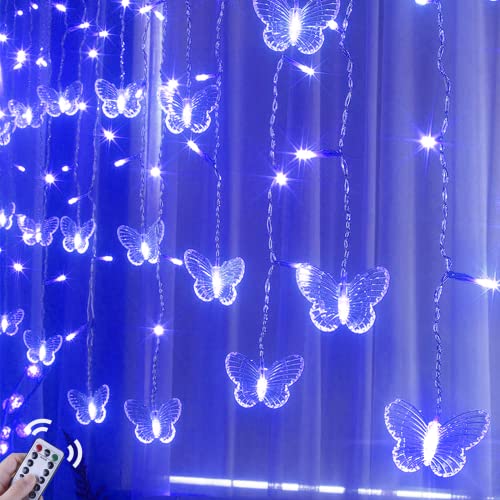 Butterfly Curtain Fairy Lights USB Plug in,8 Modes 120 LED 20FT Firefly Twinkle Timer String Lights with Remote, Waterproof Copper Wire for Bedroom Patio Christmas Wedding Party(Blue) - color: Blue