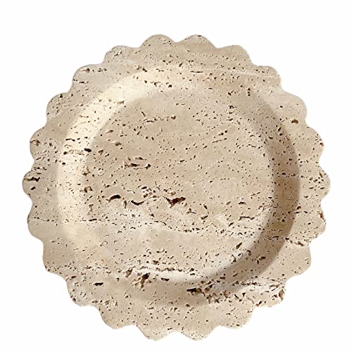Travertine Marble Tray Round Scalloped Tray Small Serving Platter for Counter, Bathroom, Kitchen, Nightstand, Jewelry Ring Dish Holder (Beige Travertine) - color: Beige Travertine