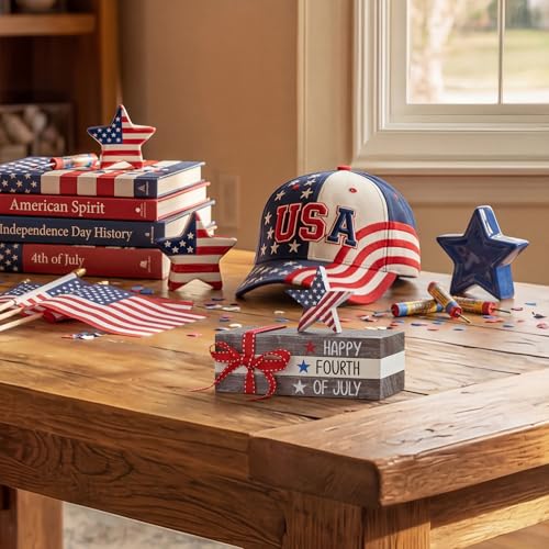 Smile Happy 4th of July Wooden Block Stack with Patriotic Star Decor, Tiered Tray Tabletop Sign for Independence Day Decorations - style: Star