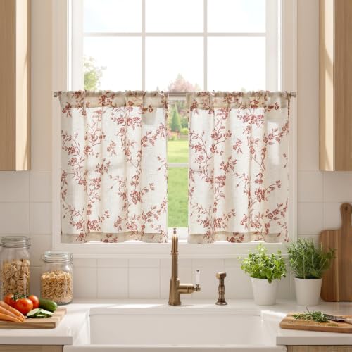 jinchan Floral Linen Kitchen Tier Curtains, 24 Inch, 2 Panels, Terracotta - color: Alisa Terracotta, size: 26"W x 24"L (Pack of 2)