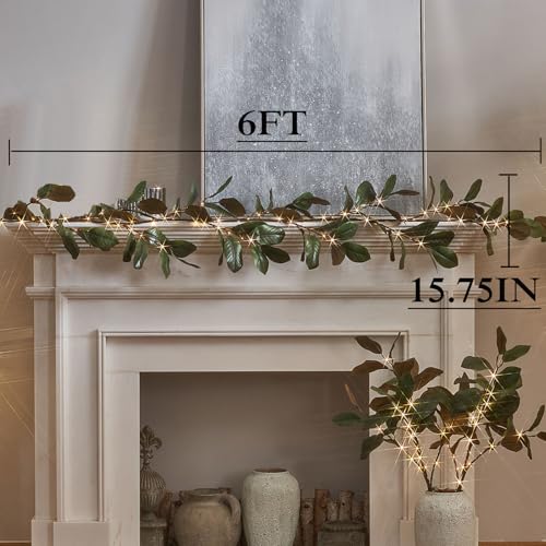 LITBLOOM Faux Magnolia Garland with Lights 6FT Battery Operated with Timer or USB Plug in, Lighted Greenery Garland with 80 Fairy Lights for Home Fireplace Mantle Holiday Decoration Inside - style: Magnolia