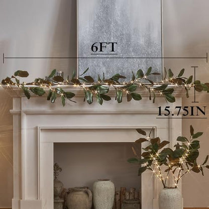 LITBLOOM Faux Magnolia Garland with Lights 6FT Battery Operated with Timer or USB Plug in, Lighted Greenery Garland with 80 Fairy Lights for Home Fireplace Mantle Holiday Decoration Inside - style: Magnolia