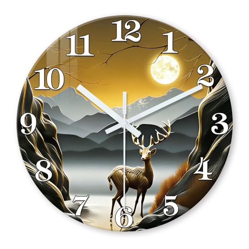 XNM 12 Inch Deer Glass Wall Clocks Battery Operated - color: Brown3, size: 12 Inch