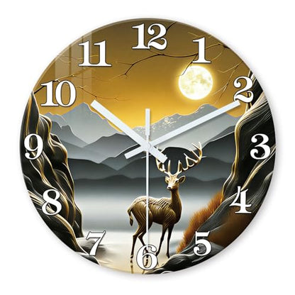 XNM 12 Inch Deer Glass Wall Clocks Battery Operated - color: Brown3, size: 12 Inch