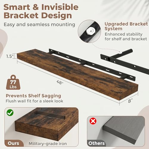 48 Inch Floating Shelves for Wall, 8"D Wood Storage Shelves, Brown Finish - color: Brown, size: 48 Inch