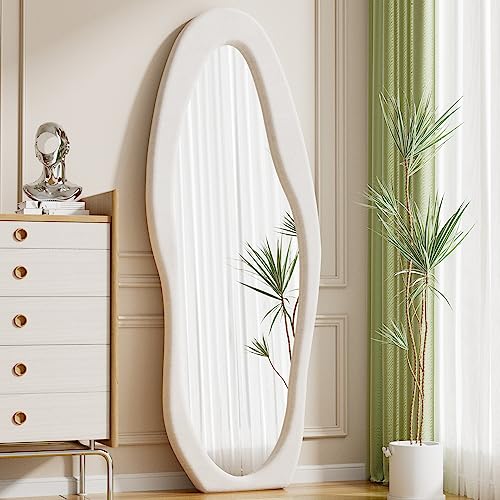 Wavy Floor Mirror, Irregular Full Length Mirror, 63"x24" Full Length Standing Mirror, Flannel Frame Mirrors Floor Length, Hanging or Leaning Wall Mounted Mirrors for Bedroom, No Stand (White) - color: Irregular - White