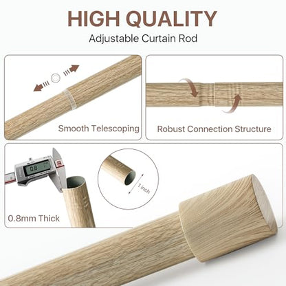 NICETOWN Adjustable Faux Wood Grain Metal Curtain Rod, Extendable Drapery Rod for Living Room Bedroom, Wood-Like Finish with Elegant Gold Metal Cylinder Finials, 28-48 Inches - color: Wood Grain & Gold, size: 28" to 48"