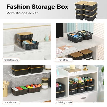 Ohmlove 6 Pack Plastic Storage Baskets with Bamboo Lids for Organization - color: Black