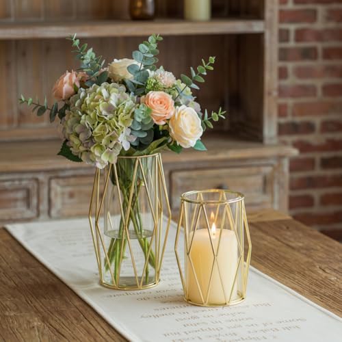 NUPTIO Gold Geometric Hurricane Glass Candle Holders, Set of 2 - color: Gold, size: XS+S