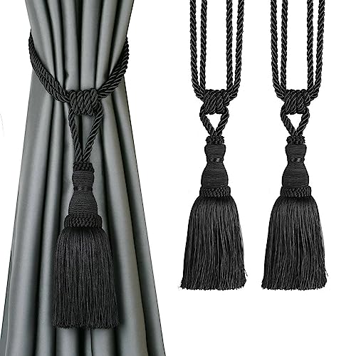 BEL AVENIR 2 Pack Curtain Tiebacks Tassel Drapery Tie-Backs Rope Holdbacks - color: Black, size: 2 Pack