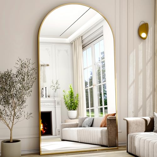 Easly 77" x 38" Arched Full Length Mirror with Gold Aluminum Frame - Oversized Floor Mirror for Bedroom, Living Room & Gym - Wall Mounted/Standing/Leaning Design - color: 3877-gxzjgd, size: 77"L x 38"W
