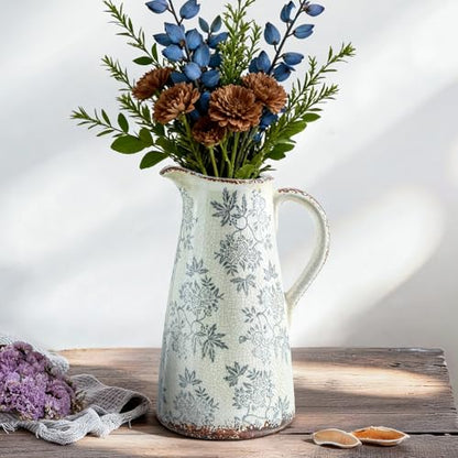 Enra Blue and White Ceramic Pitcher Vase, 12.2" Tall Flower Vase - color: 03-blue and White-12.2 Inch