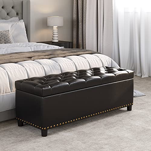 BELLEZE Storage Ottoman, Tufted Ottoman with Close Hinge, Foot Rest for Living Room (Dark Brown, 47 inch) - color: Dark Brown