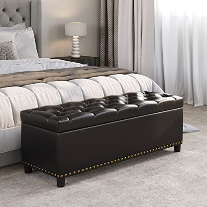 BELLEZE Storage Ottoman, Tufted Ottoman with Close Hinge, Foot Rest for Living Room (Dark Brown, 47 inch) - color: Dark Brown