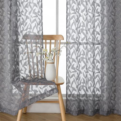OWENIE Leyna 2 Panels Charcoal Gray Sheer Curtains 45 Inch Length, Jacquard Clip Textured Semi Small Window Curtain for Bedroom Living Room, Farmhouse Rod Pocket Leaves Drapes, 40Wx45L Inches - color: Charcoal Gray, size: 40"W x 45"L (Pack of 2)