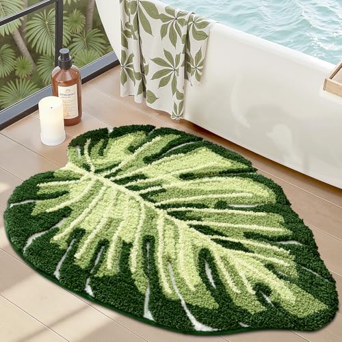 LUMI Bathroom Rug Green Leaf, Absorbent Non Slip Bath Mat, 23.5"x31.5" - color: Ample Monstera