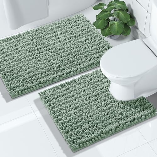 Yimobra Bathroom Rugs Sets 2 Piece, Super Absorbent Bath Mat Set, Green - color: Green, size: 24''x17''+24''x20''U-Shaped
