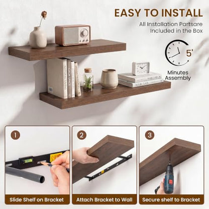 Floating Shelves for Wall, 40 Inch Wall Mounted Storage and Display for Living Room, Bedroom, Kitchen, Bathroom Set of 2 Rustic Brown