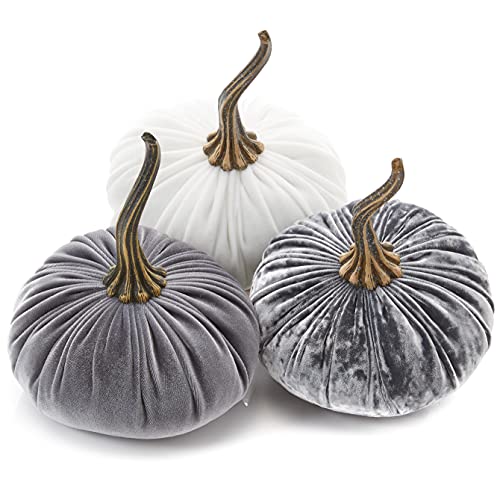 Set of 3 Velvet 6.25 Inch Pumpkins, silver platinumn accent decor, elegant luxe tablescape, tiered tray decor, cozy autumn vibe, office bookshelf, gift basket for hostess (Gray, Ivory, Platinum) - color: Gray, Ivory, Platinum