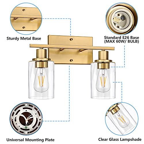 ShineTech 2-Light Bathroom Vanity Light, Brushed Brass Modern Wall Sconce - color: Gold