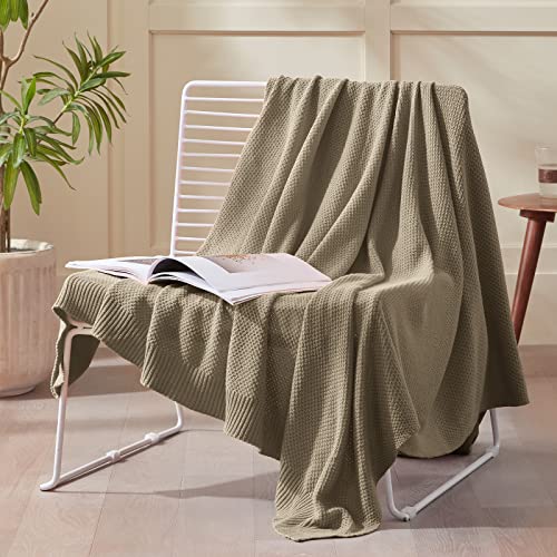 TREELY 100% Cotton Khaki Knitted Throw Blanket 50"x60" - color: Khaki, size: Throw(50" x 60")