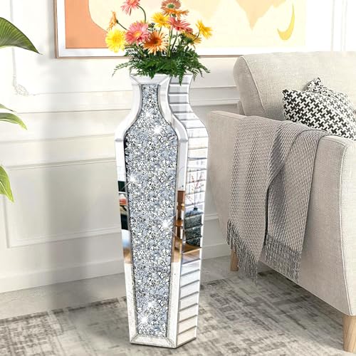 27" Tall Crushed Diamond Floor Vase, Silver Large Vases for Decor Living Room, Crystal Mirrored Home Decor Vases for Dried Flower - size: 8"L x 4.7"W x 27"H