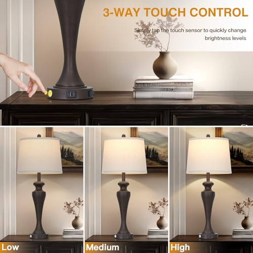 30 Inch Dark Brown Table Lamp Single, 3-Way Touch Control Bedside Lamp with USB A+C Ports and AC Outlet, Tall Living Room Lamps for End Table, Elegant Coffee Bedroom Lamps for Night stand, Coffee - color: Brown-1PK