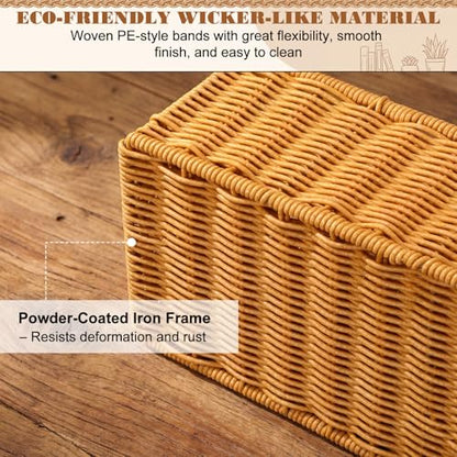 Threehoney 2 Pack Wicker Toilet Tank Baskets, 2 Sizes Handwoven Rattan Bathroom Storage Baskets with Metal Frame, Rustic Farmhouse Decorative Organizer Holders Bins for Tissues Vanity Shelves Supply