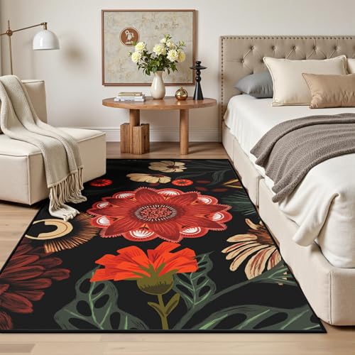 Tyrot Vintage Boho Floral 3x5 Washable Area Rug Flat Woven Ultra-Thin Low-Pile Botanical Rugs Non-Slip Indoor Rug for Bedroom, Entryway, Kitchen, Dorm, Kids Room, Nursery, Black Red - color: Crimson Shadow, size: 3' x 5' (Rectangular)