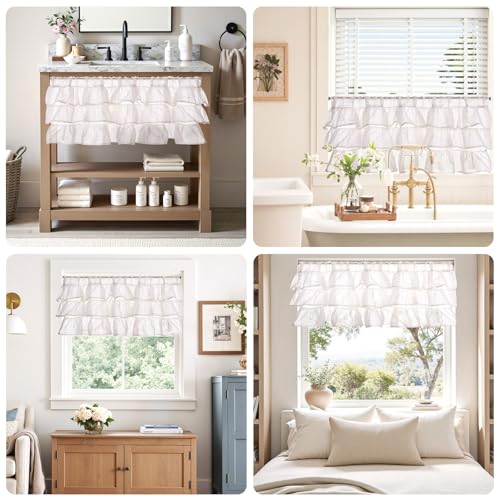 jinchan Mini Pom-Pom Ruffled Valance for Windows 18 Inch 1 Panel White - color: Dottie Linen Whisper