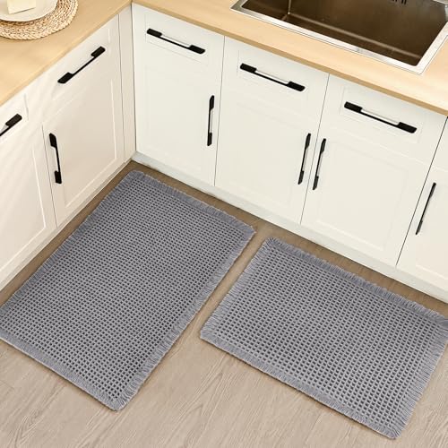 Luxury Waffle Bath Mat, Super Absorbent Non Slip Bathroom Rugs, Boho Ultra Soft Comfort Machine Washable Quick Dry Floor Mats with Tassels (Grey, 17" x 24" + 20" x 30") - color: Grey, size: 17" X 24" + 20" X 30"