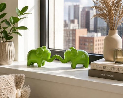 4 Inch Green Ceramic Elephant Figurines Set of 2 - color: Green