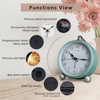 Peakeep 4" Small Battery Operated Analog Alarm Clock, Antique Retro Style - color: Aqua