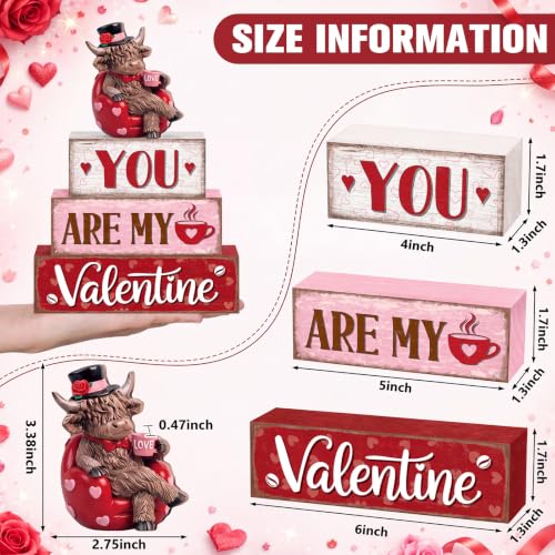 Yousoontic Valentine's Day Highlandcow Block Sign Rustic Tiered Tray Decor - style: Valentine's Day Highlandcow