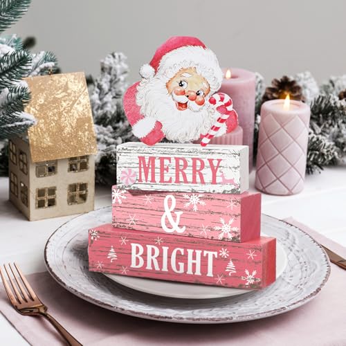 Geelin 4 Pcs Christmas Santa Wooden Table Decor Pink Winter Tiered Decor - style: Santa