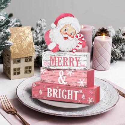 Geelin 4 Pcs Christmas Santa Wooden Table Decor Pink Winter Tiered Decor - style: Santa