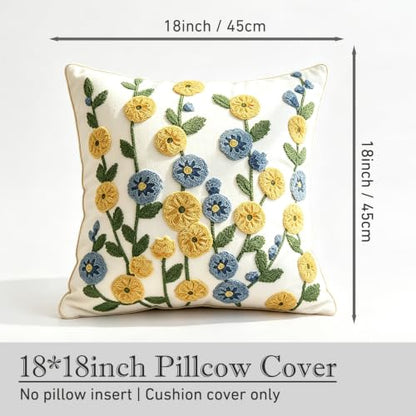Sunflower Floral Spring Embroidered Throw Pillow Cover 18"x18" Set of 2 - color: Sunflower Yellow