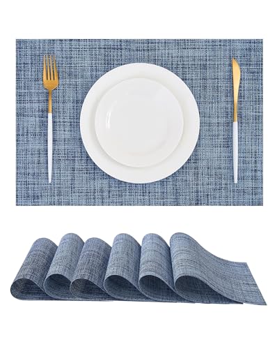 Deep Navy Woven Placemats Set of 6 - Heat Resistant Non-Slip Place mats for Dining Table, Washable Durable PVC Vinyl Woven Table Mats(Deep Navy, 6) - color: C1- Deep Navy, size: Set of 6