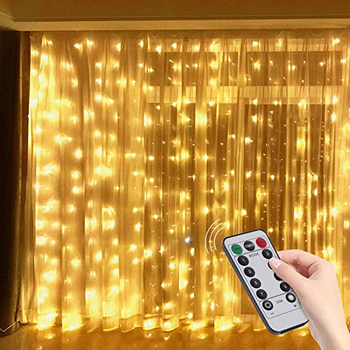 300 LED Twinkle Fairy Curtain Lights with Remote - 8 Lighting Modes, Hanging Warm String Light with USB Powered for Bedroom Wall, Wedding Backdrop and Christmas Party Window Decor