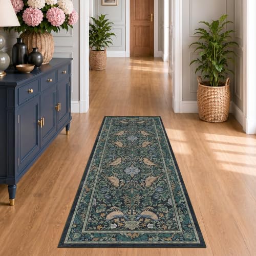 Botanical Bird 2x6 Entryway Rugs Indoor, Machine Washable Runner Rugs for Hallway, Blue and Teal Non Slip Mat for Bathroom, Bedroom Beside Bed, Kitchen, Stain Resistant Forest Green Décor - color: Blue, size: 2' x 6' (Runner)