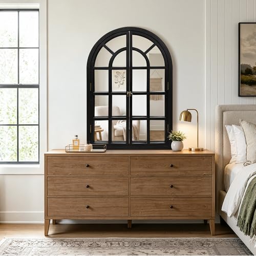 Arched Wood Mirror for Wall, 28" x 40" Rustic Farmhouse Mirror, Black - size: 40"L x 28"W