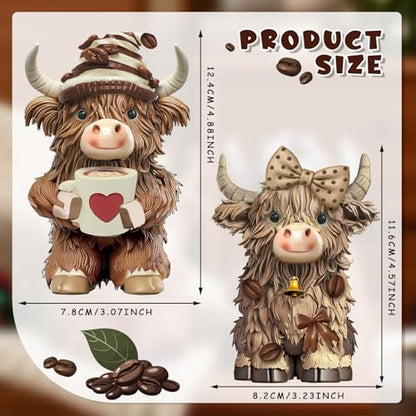 2 Pack Resin Highland Cow Figurine Gifts, Coffee Theme Decor - style: Coffee