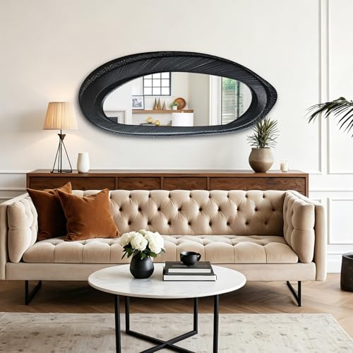 POZINO 55"x24" Large Irregular Wall Mirror, Black Asymmetrical Oval Mirror - size: 55"L x 24"W