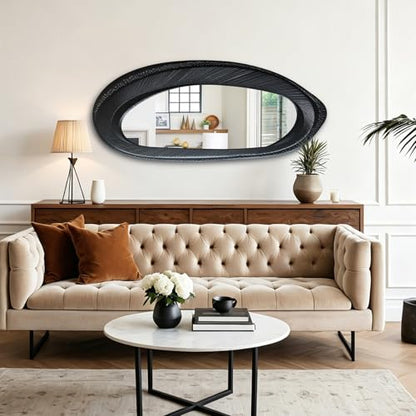 POZINO 55"x24" Large Irregular Wall Mirror, Black Asymmetrical Oval Mirror - size: 55"L x 24"W