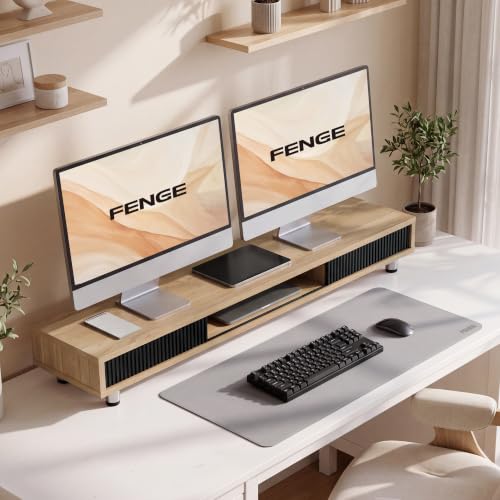 Fenge Dual Monitor Stand with Storage, Desk Shelf with Glass Sliding Door - color: Dark Oak