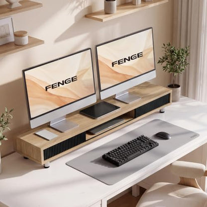 Fenge Dual Monitor Stand with Storage, Desk Shelf with Glass Sliding Door - color: Dark Oak